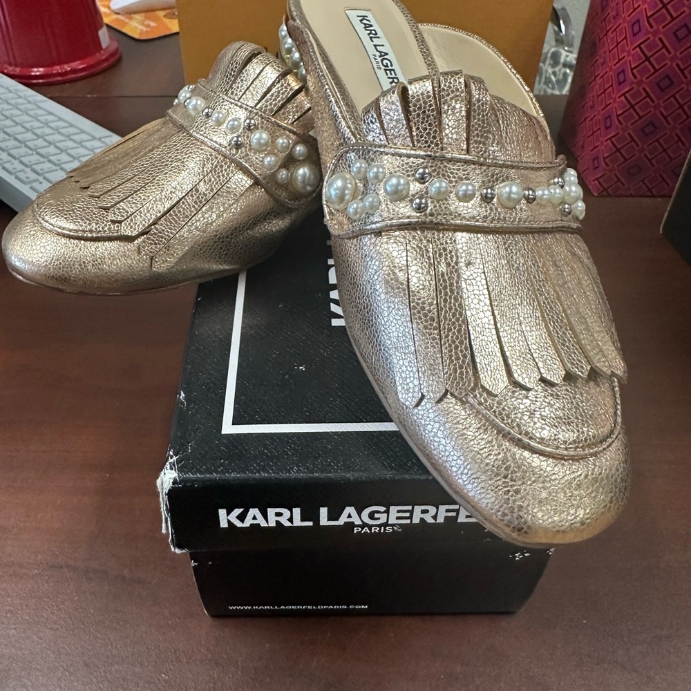 Karl Lagerfeld Metallic Gold Mules with Pearl Detail